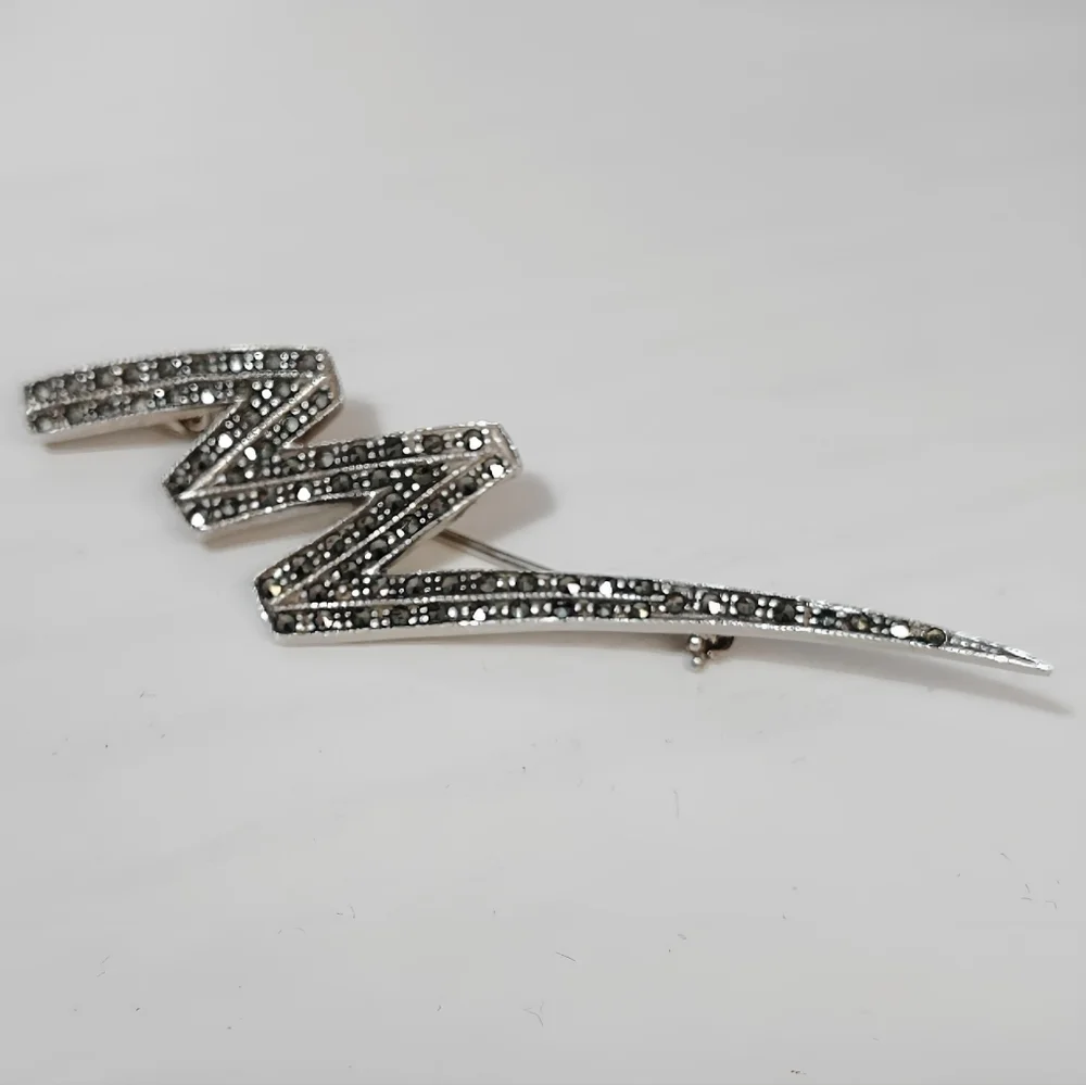 Vintage Sterling Silver Mid-century modern Marcasite Lightning Bolt Brooch Pin